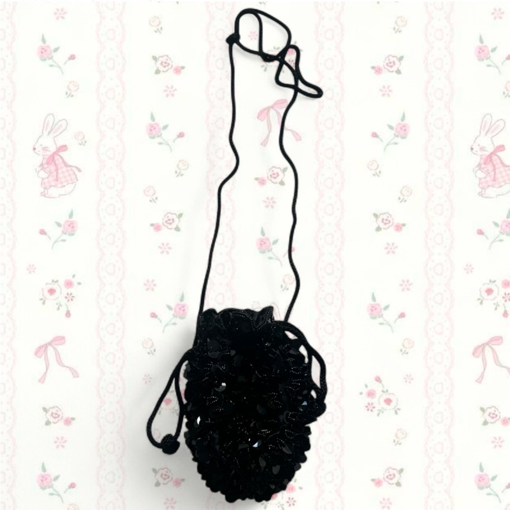 Y2k Black Sequin + Beaded Drawstring Mini Pouch T… - image 1